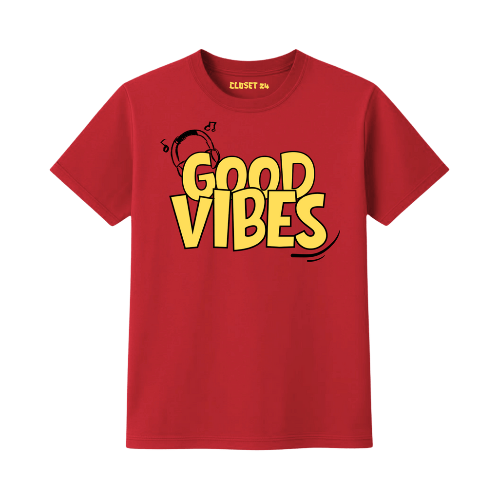 A red short sleeve crewneck t-shirt with a bold yellow 'GOOD VIBES' graphic on the front, featuring a small headphone illustration. The brand name 'CLOSET 24' is printed inside the collar.