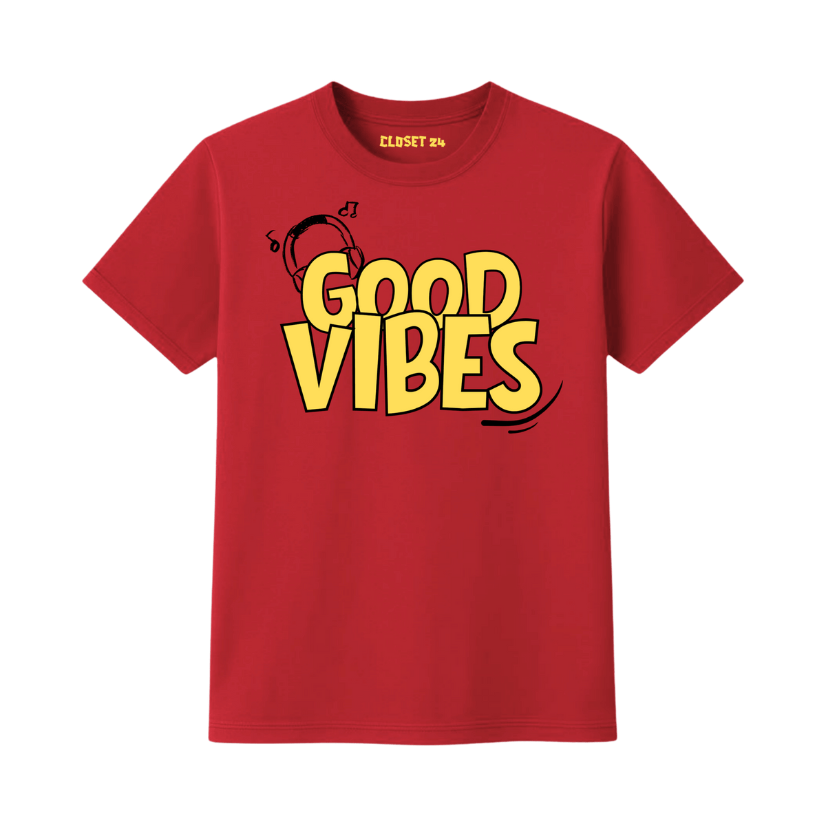 A red short sleeve crewneck t-shirt with a bold yellow 'GOOD VIBES' graphic on the front, featuring a small headphone illustration. The brand name 'CLOSET 24' is printed inside the collar.