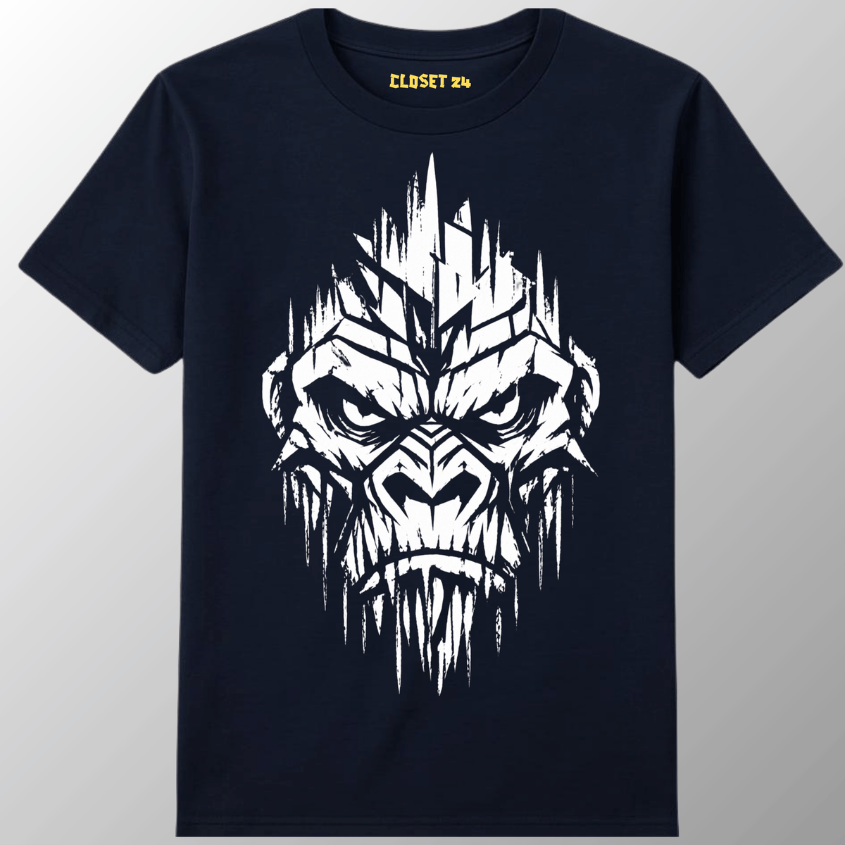 A navy blue short-sleeve cotton t-shirt with a large white graphic of a stylized gorilla head on the front, displayed against a neutral gray background.