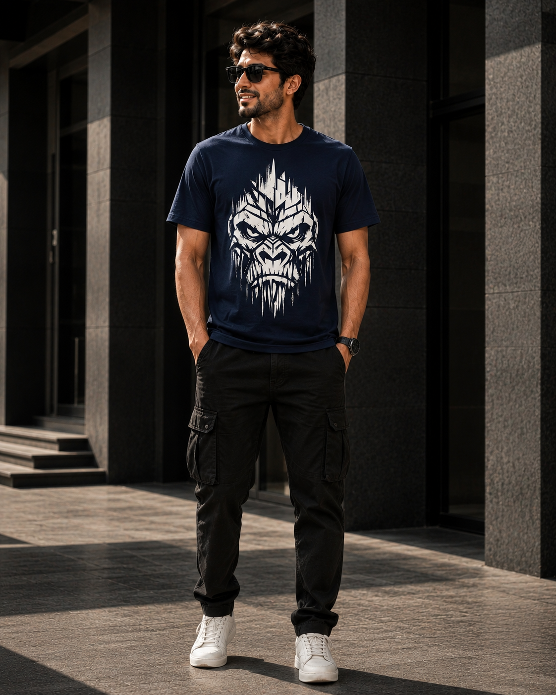Indian model wearing a graphic printed T-shirt for men with a bold white gorilla design, paired with black cargo pants and white sneakers