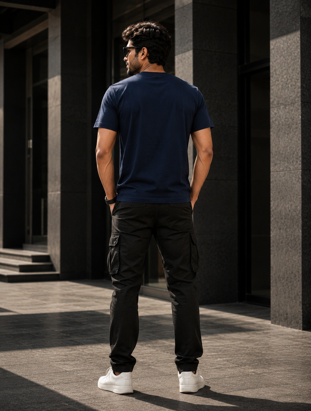 A man standing outdoors in front of a modern building, viewed from behind. He is wearing a navy blue short-sleeve crewneck cotton t-shirt, black cargo pants, and white sneakers.