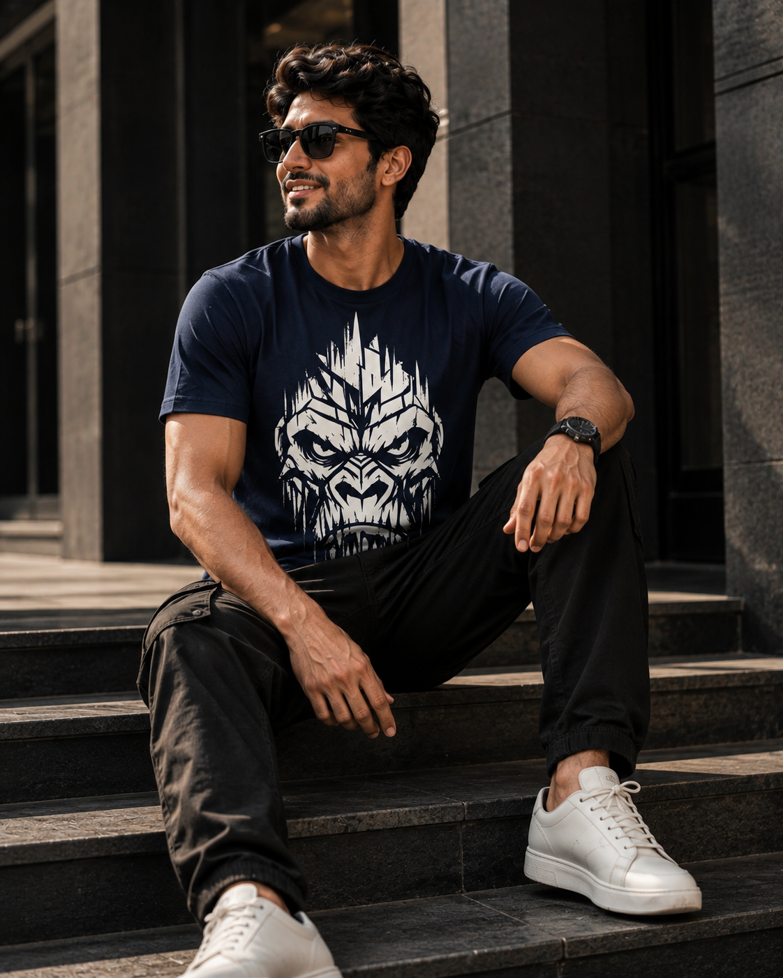 Indian model wearing a navy blue graphic printed T-shirt for men with a bold white gorilla graphic, black cargo pants, and white sneakers, seated on outdoor steps.