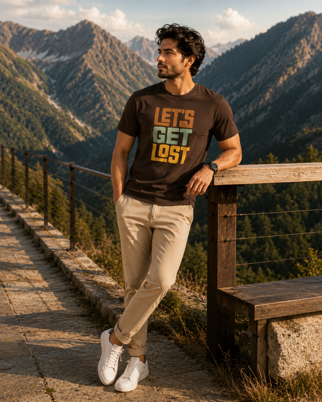 Boy in a dark brown "LET'S GET LOST" graphic T-shirt, beige pants, and white sneakers overlooking the mountains.
