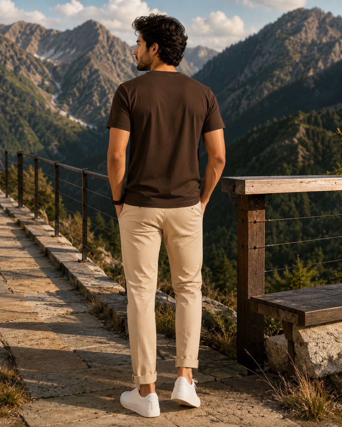 Man viewed from behind wearing a dark brown "LET'S GET LOST" graphic T-shirt, beige trousers, and white sneakers on a stone walkway with a mountain view.