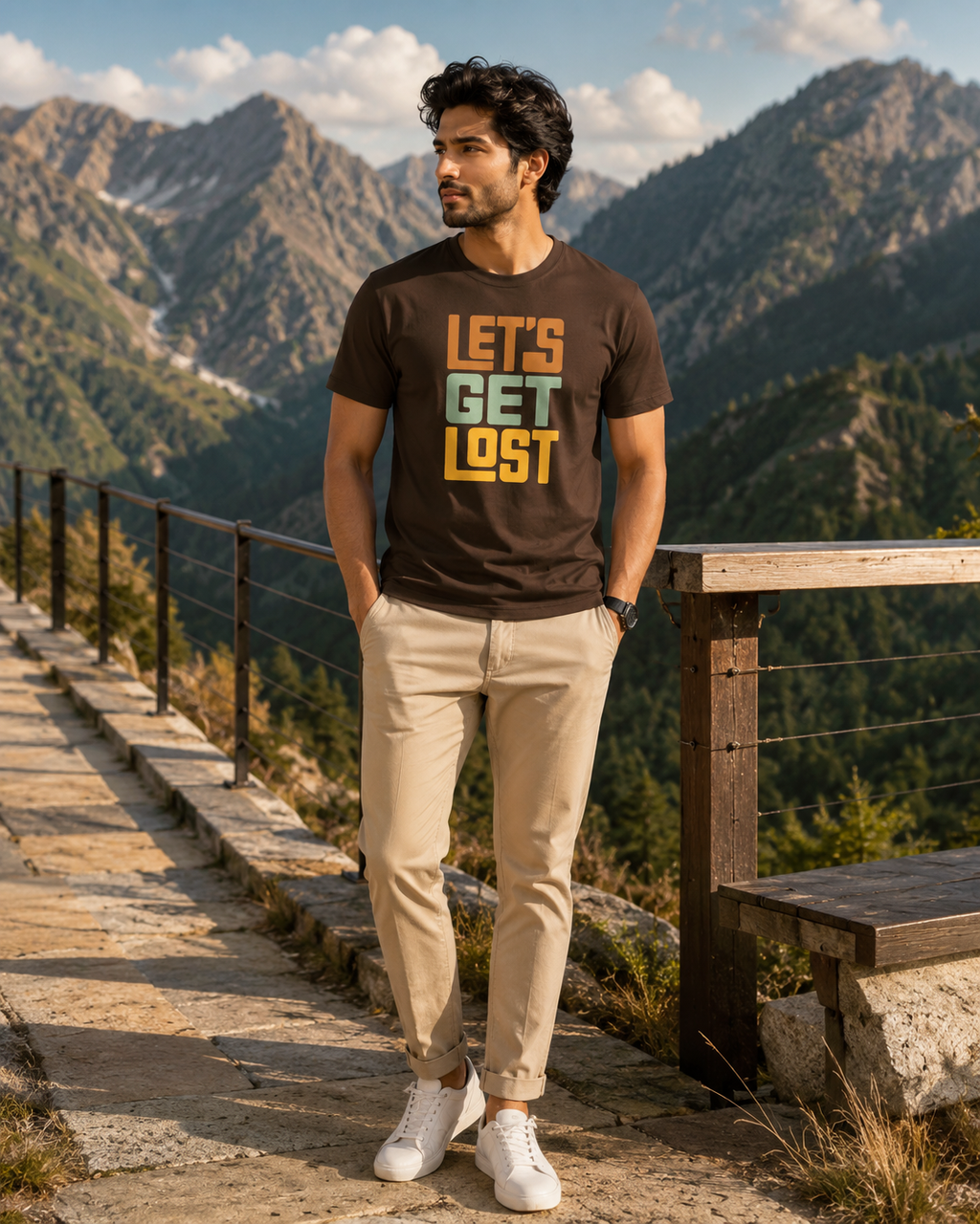 Model standing on a stone pathway wearing a brown "LET'S GET LOST" graphic T-shirt, beige pants, and white sneakers.
