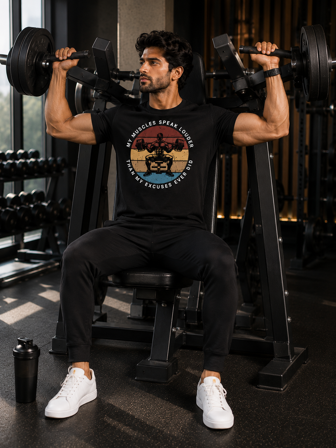 Model performing a shoulder press in a gym wearing a black graphic T-shirt with the "My Muscles Speak Louder Than My Excuses Ever Did" design, black joggers, and white sneakers.