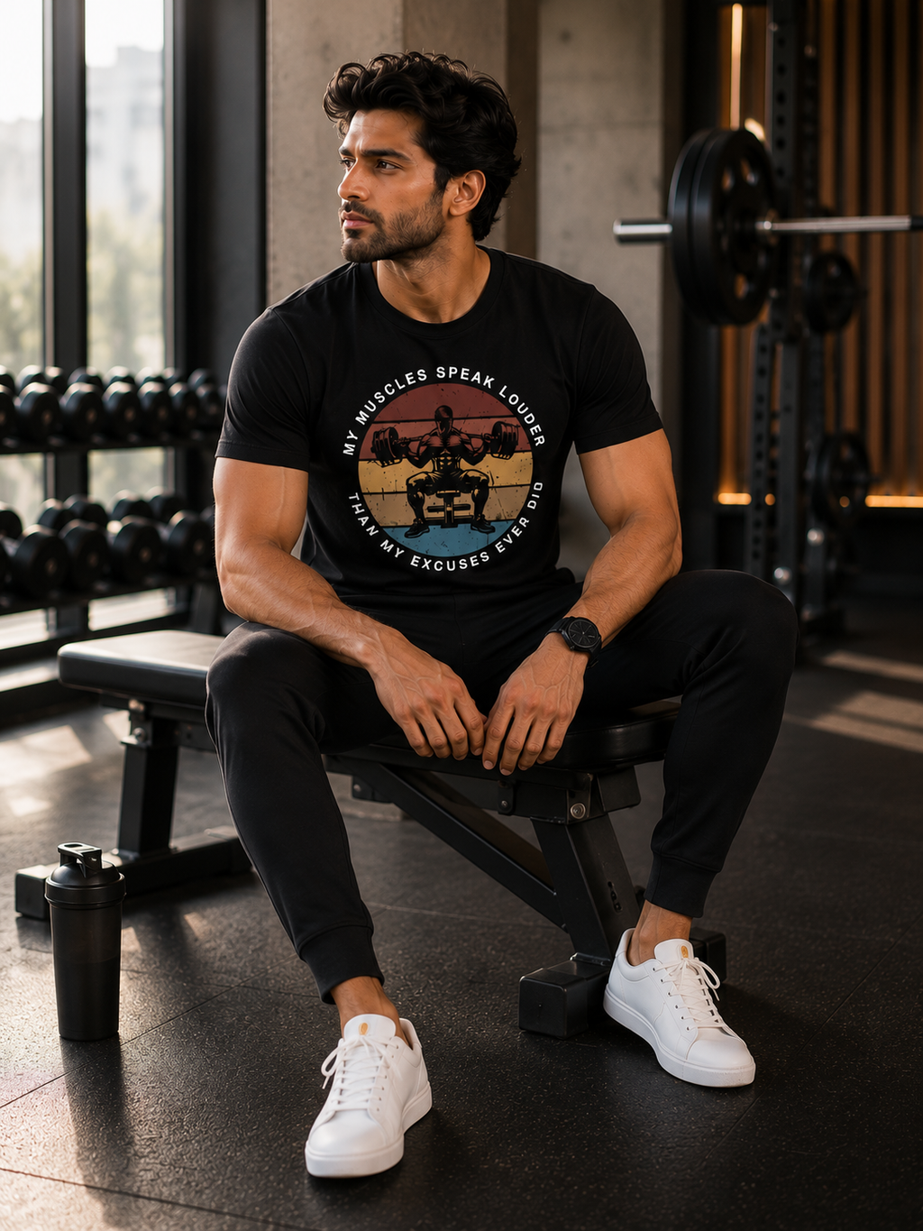 Model seated on a gym bench wearing a black graphic T-shirt with the "My Muscles Speak Louder Than My Excuses Ever Did" design, black joggers, and white sneakers.