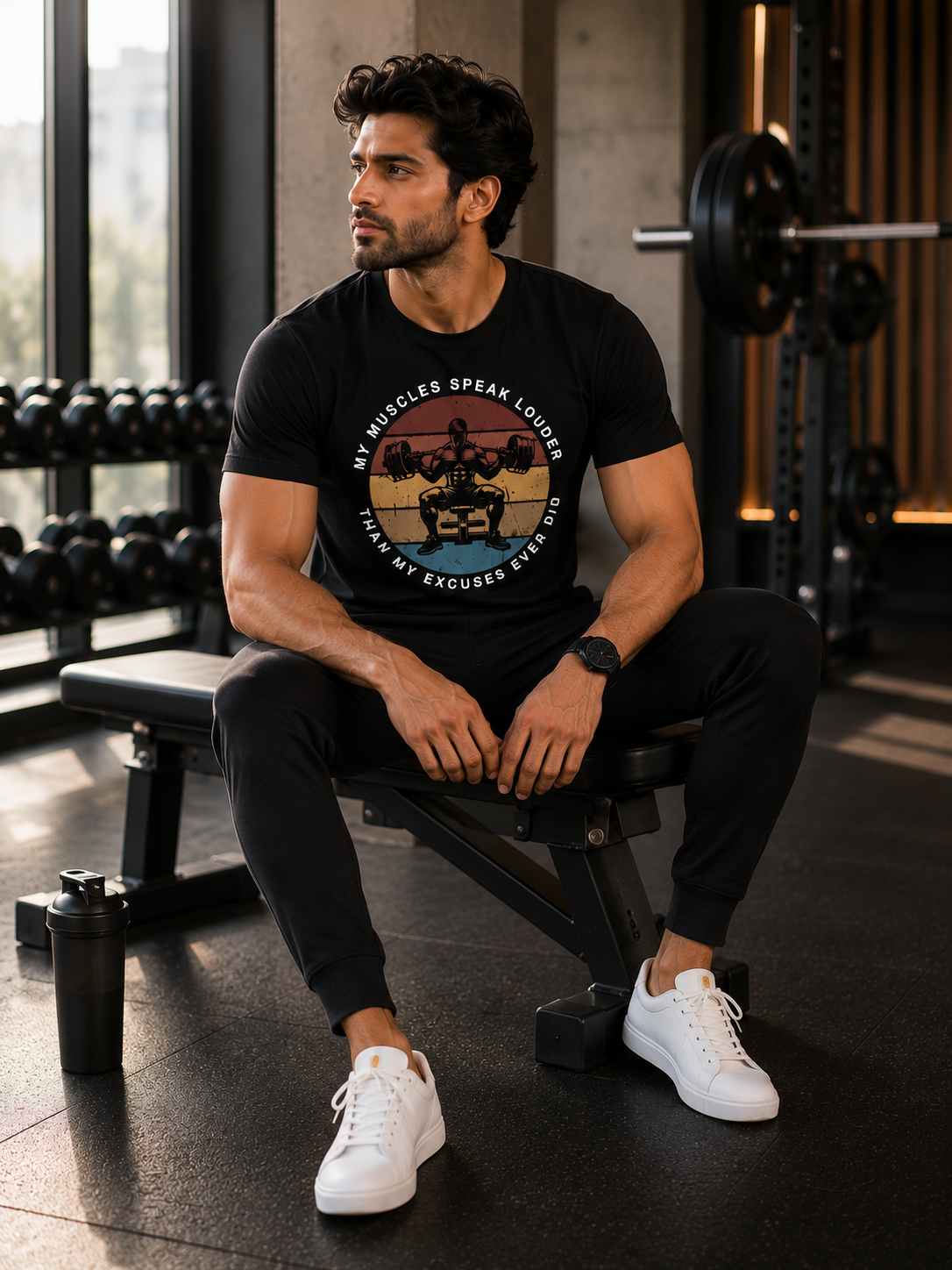 Model seated on a gym bench wearing a black graphic T-shirt with the "My Muscles Speak Louder Than My Excuses Ever Did" design, black joggers, and white sneakers.