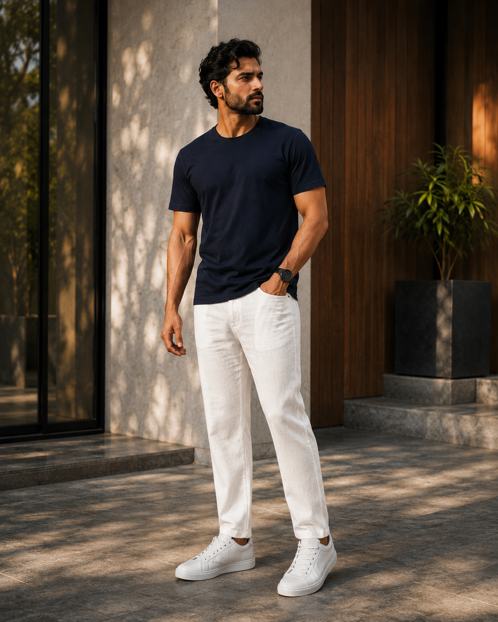 Model wearing a premium navy blue color t shirt for men with white trousers and white sneakers outside a modern building.