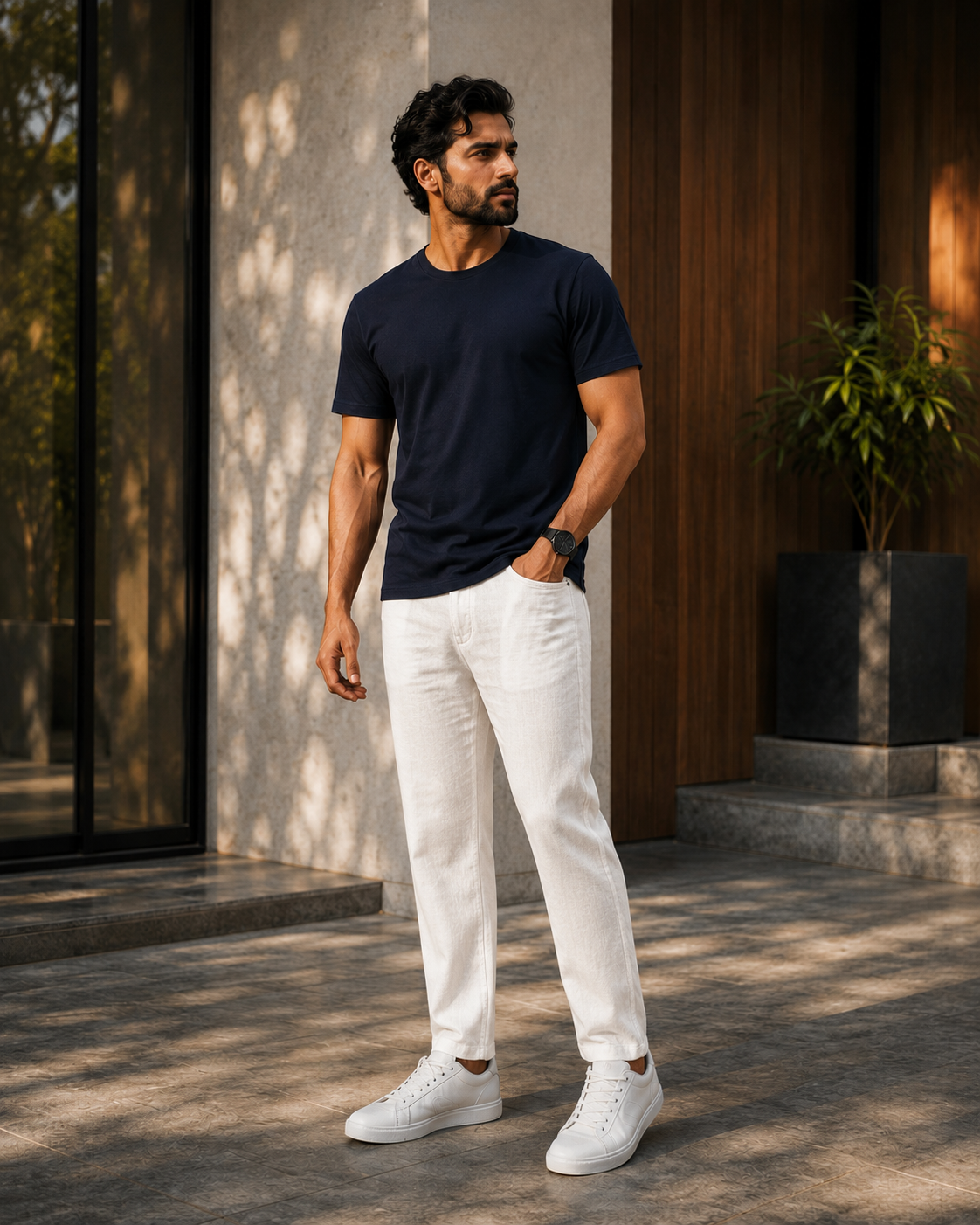 Model wearing a premium navy blue color t shirt for men with white trousers and white sneakers outside a modern building.