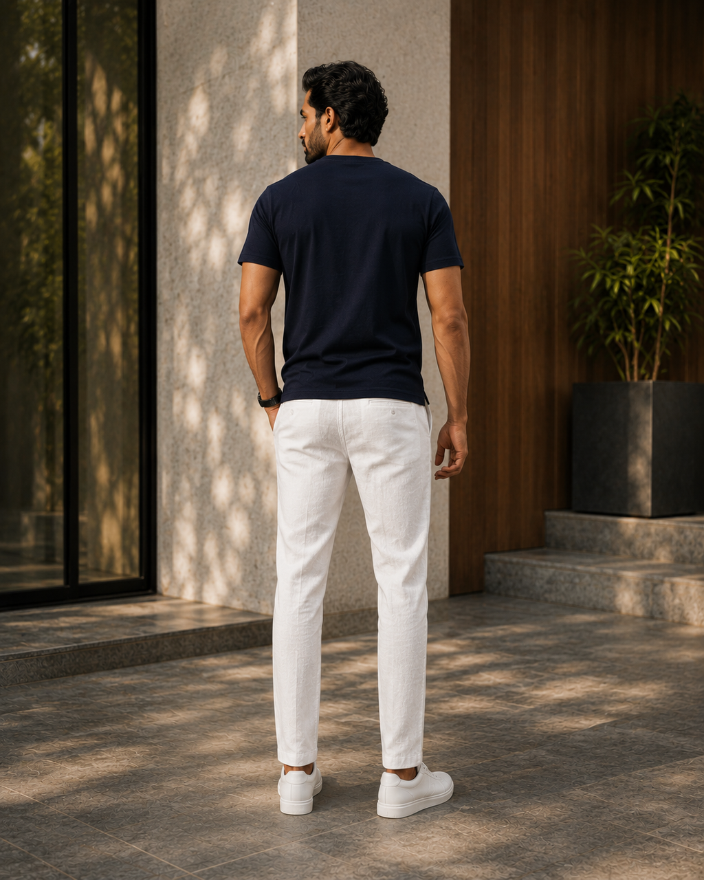 Back view of a model wearing a premium navy blue color t shirt with white trousers and white sneakers outdoors.