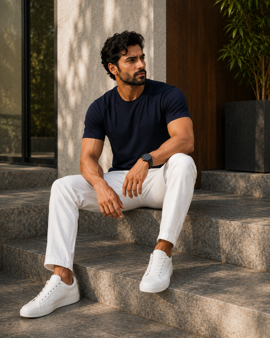 Model sitting on stone steps wearing a premium navy blue color t shirt for men with white trousers and white sneakers outdoors.
