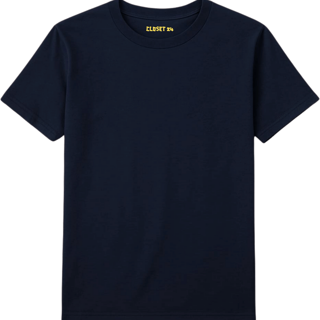 Premium navy blue color t shirt featuring a yellow CLOSET 24 inner neck print
