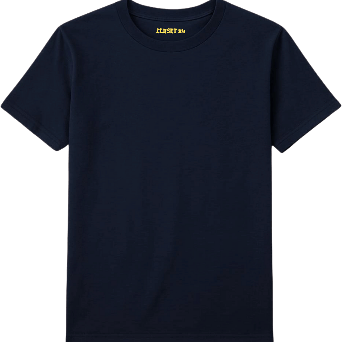 Premium navy blue color t shirt featuring a yellow CLOSET 24 inner neck print