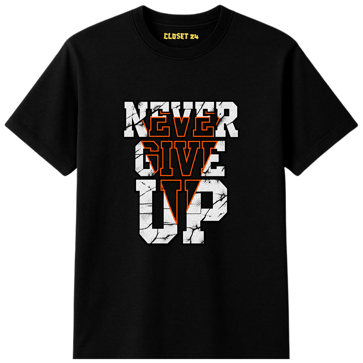 A black short-sleeve cotton t-shirt for men with a distressed graphic on the front that reads 'NEVER GIVE UP' in white block letters with an orange 'V' overlay, shown on a plain white background.