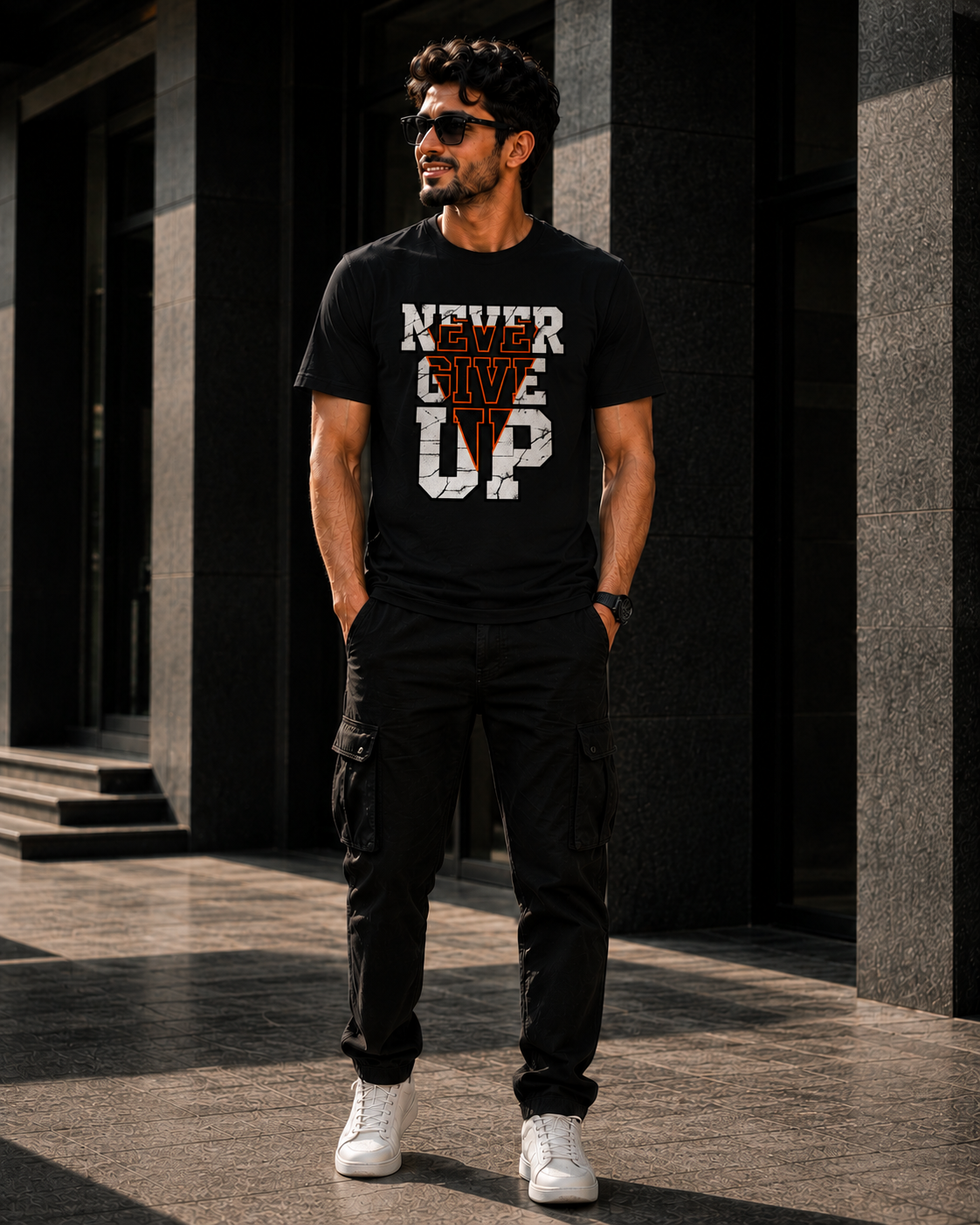 A man wearing a black graphic t-shirt for men with 'NEVER GIVE UP' printed on the front, black cargo pants, and white sneakers.