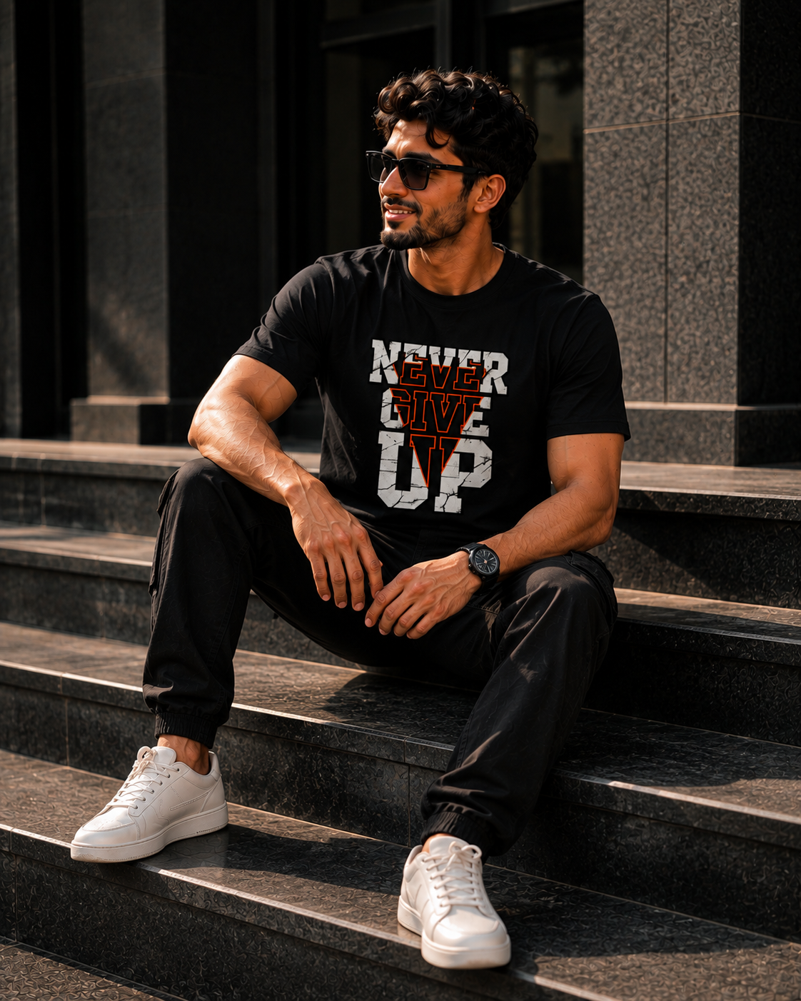 A man wearing a black graphic printed t-shirt for men with 'NEVER GIVE UP' in white and red print, black jogger pants, and white sneakers, sitting on dark stone steps.