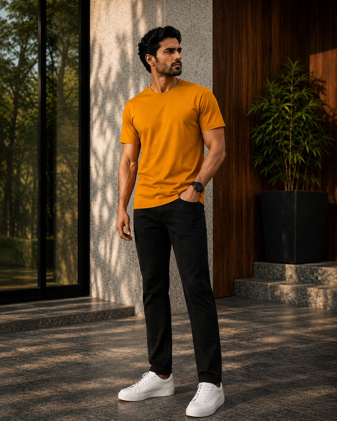Model wearing a premium orange t shirt for men with black trousers and white sneakers, standing outside a modern building.