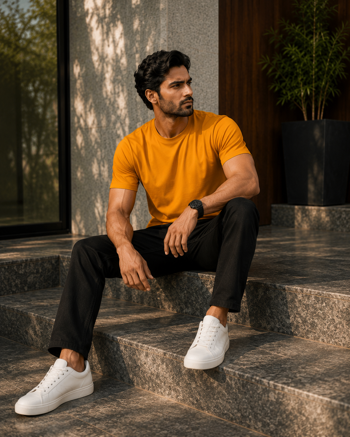 Model sitting on stone steps wearing a premium orange t shirt for men with black trousers and white sneakers outdoors.
