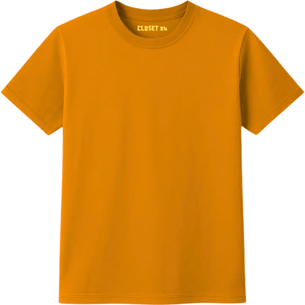 Premium orange t shirt for men featuring a yellow CLOSET 24 inner neck print.