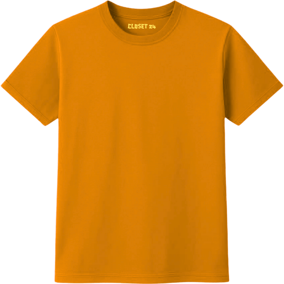 Premium orange t shirt for men featuring a yellow CLOSET 24 inner neck print.