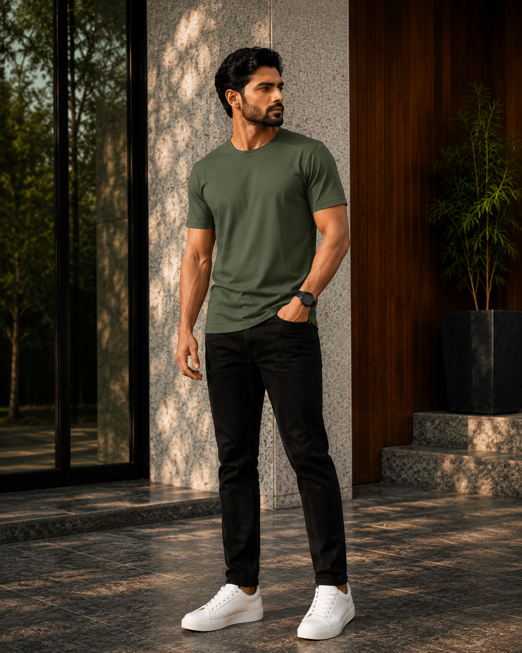 Model wearing premium olive green color t shirt for men with black jeans and white sneakers outdoors