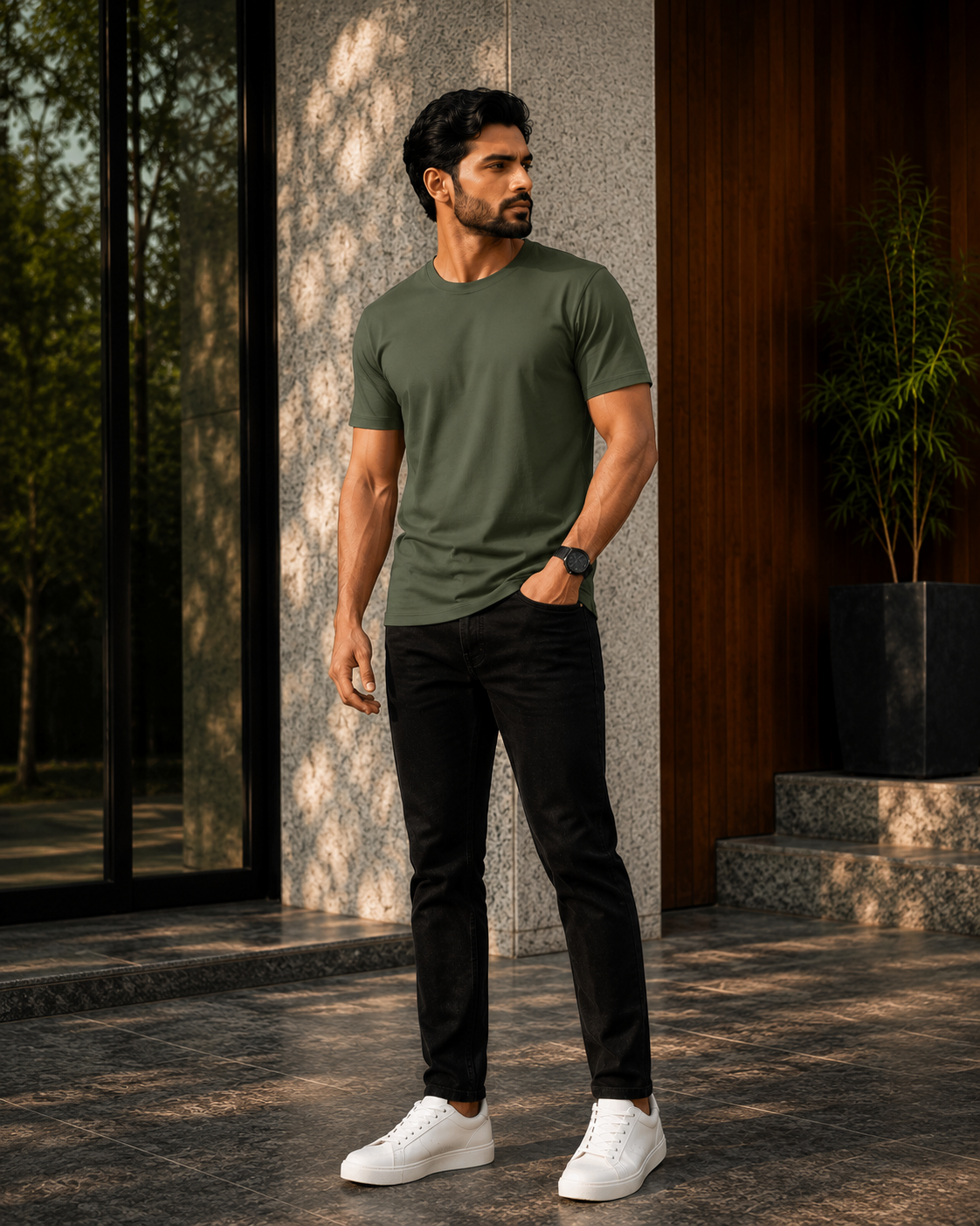 Model wearing premium olive green color t shirt for men with black jeans and white sneakers outdoors