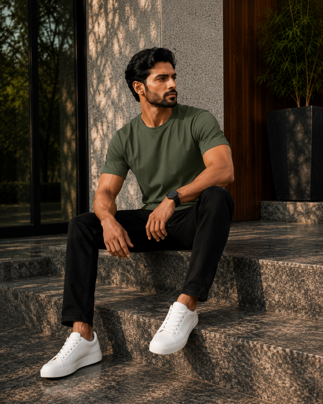 Model sitting outdoors on stone steps wearing an olive green color t shirt for men, black trousers, and white sneakers.