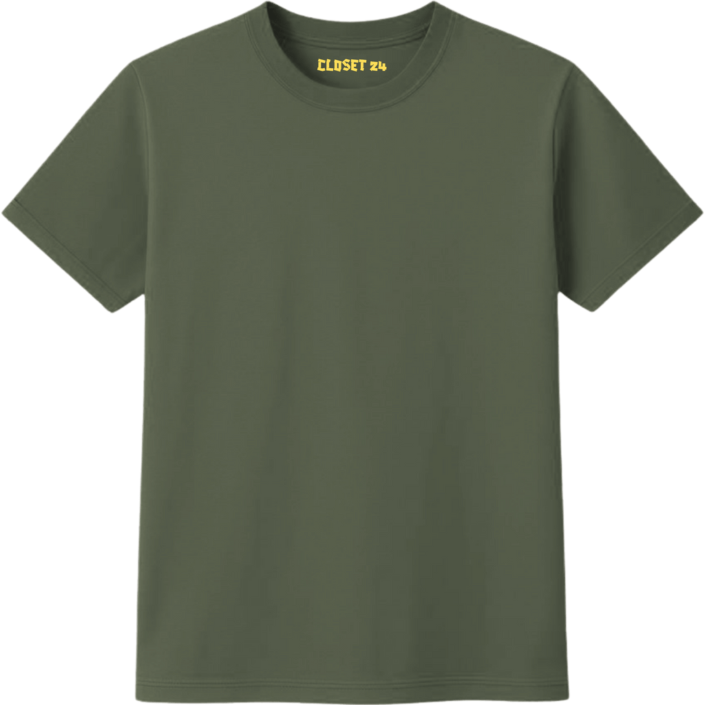 Close up of the premium olive green color t shirt for men featuring the yellow CLOSET 24 inner neck print on the T-shirt neck tag.