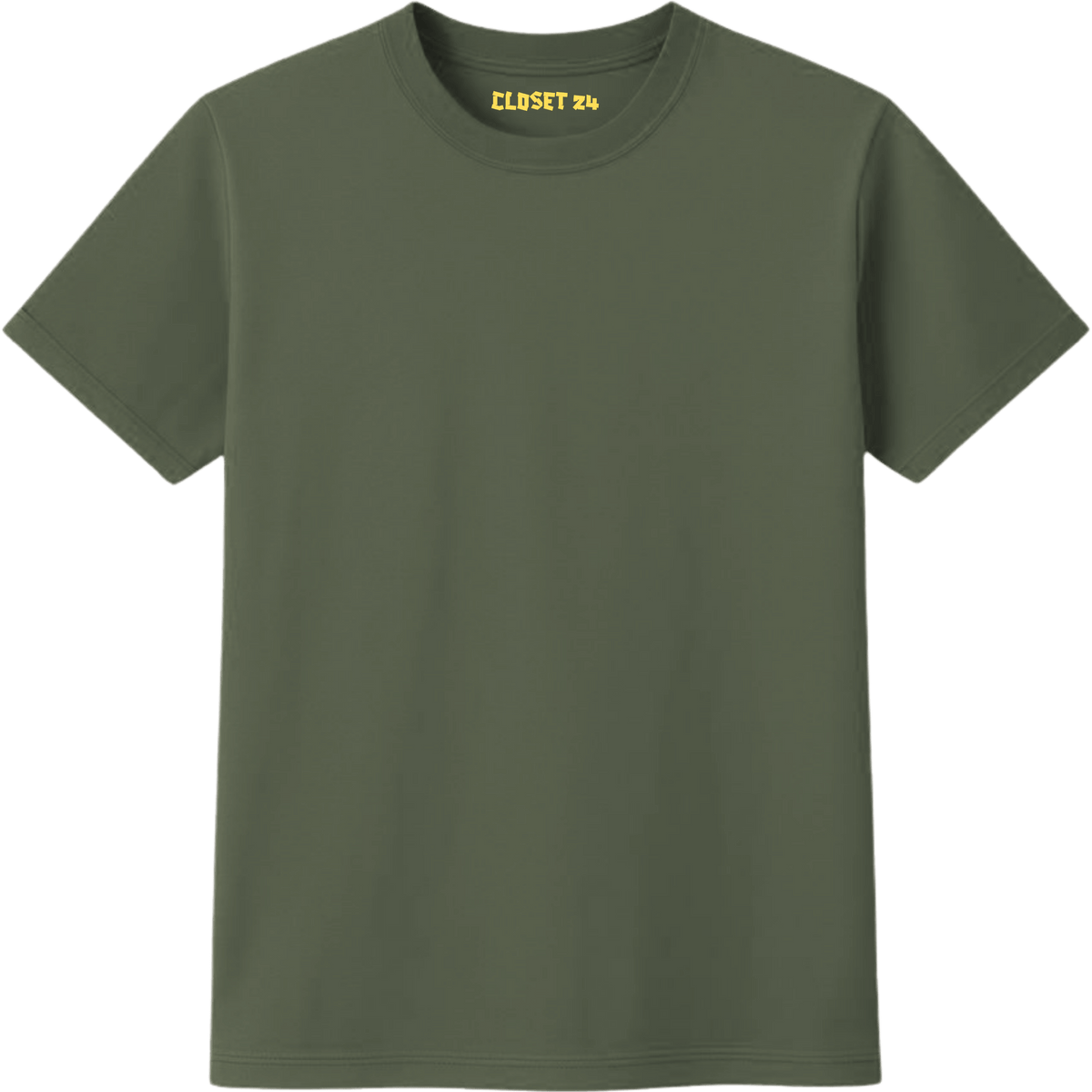 Close up of the premium olive green color t shirt for men featuring the yellow CLOSET 24 inner neck print on the T-shirt neck tag.