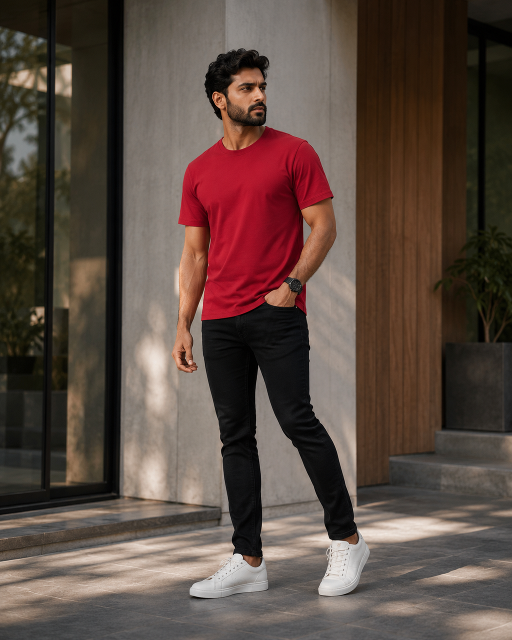 Model wearing a premium plain red t shirt for men with black slim fit jeans and white sneakers on a modern outdoor patio.