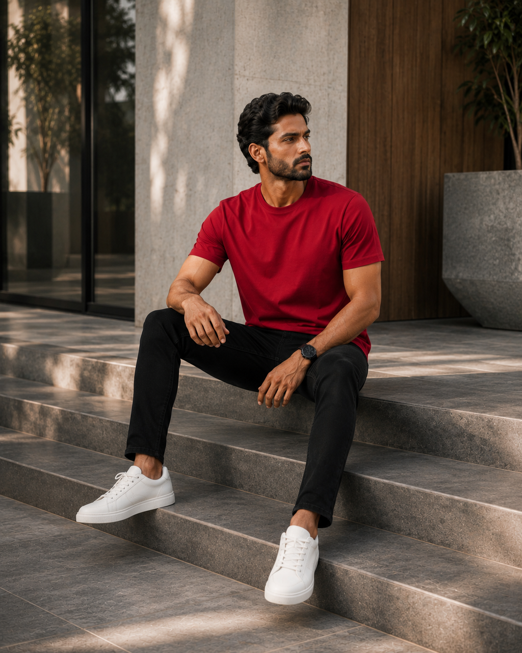 Model sitting on stone steps wearing a premium plain red t shirt for men with black pants and white sneakers outdoors.