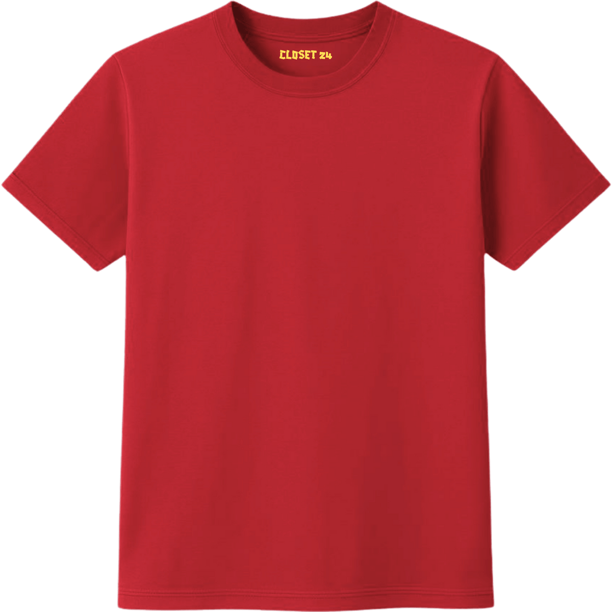 Premium plain red t shirt for men featuring a yellow CLOSET 24 inner neck print