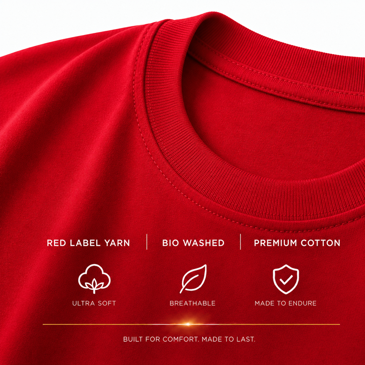Close up of the plain red t shirt for men showcasing the CLOSET 24 neck print with Red Label Yarn and bio-washed fabric.