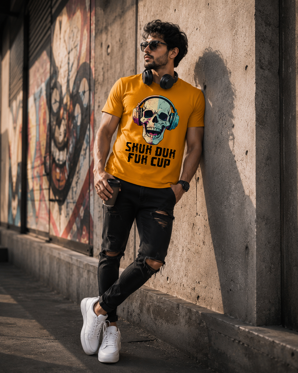 Model wearing a autumn orange  graphic t-shirt for men with a skull and headphones design, paired with ripped black jeans and white sneakers, leaning against a concrete wall with graffiti in an urban setting.