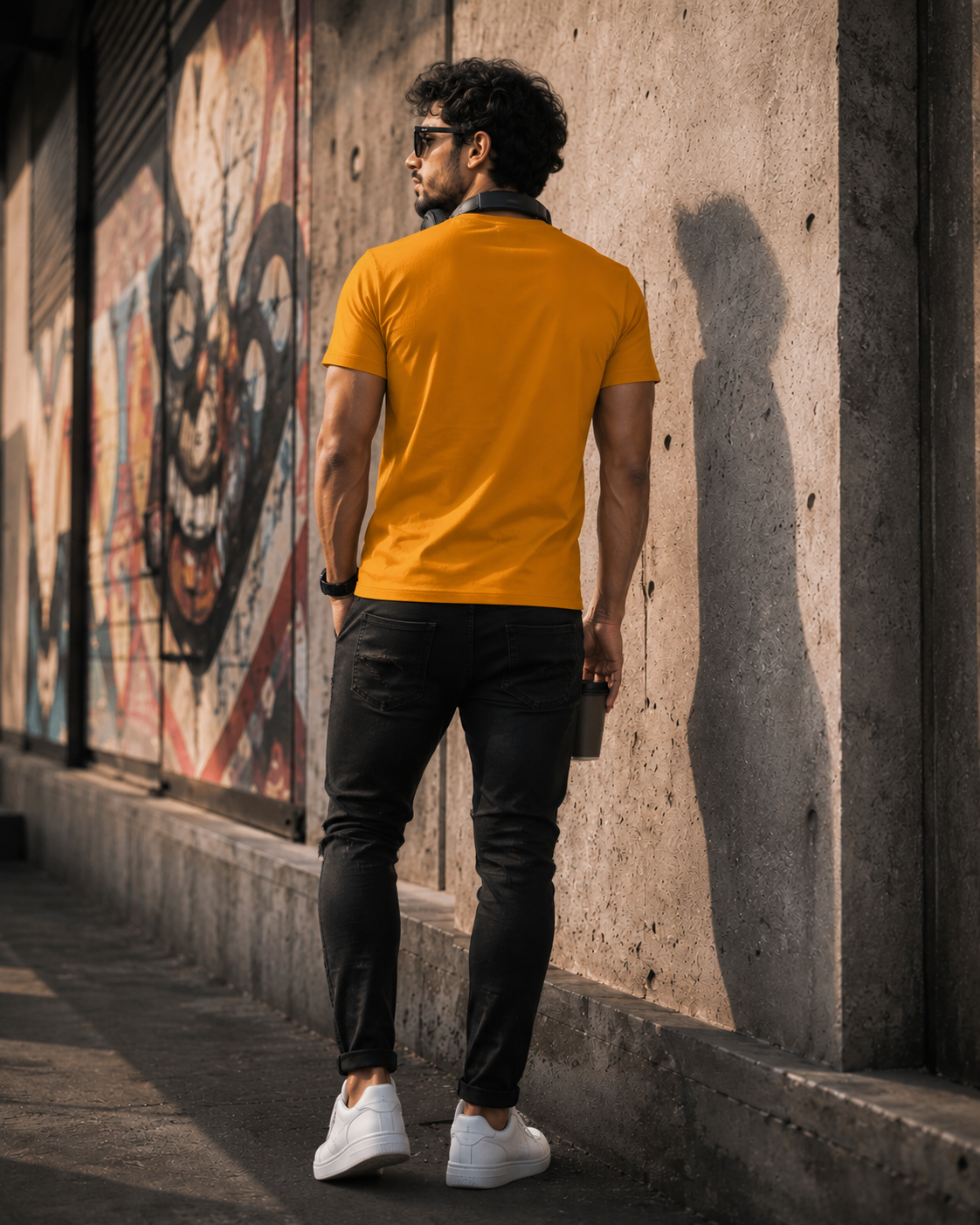 A man wearing a autumn orange t-shirt, black pants, and white sneakers stands with his back to the camera against a concrete wall with graffiti.