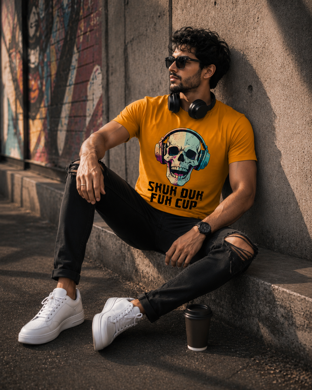 A man wearing a autumn orange graphic t-shirt with a skull design and the text 'SHUT DUH FUK CUP', paired with black ripped jeans and white sneakers, sitting on concrete steps against a graffiti wall.
