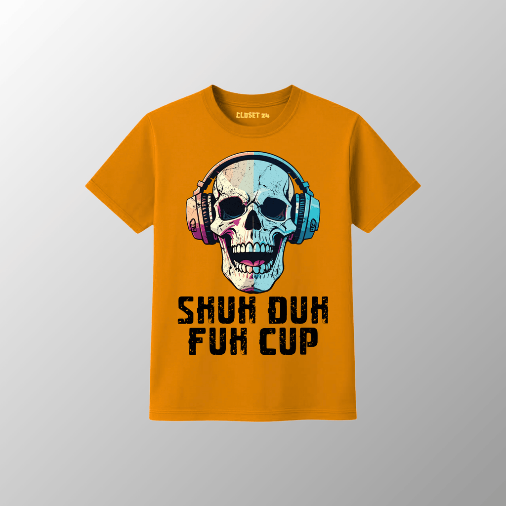 A autumn orange short sleeve t-shirt with a graphic of a skull wearing headphones and the text 'SHUK DUK FUK CUP' printed below it, displayed on a neutral gray background.