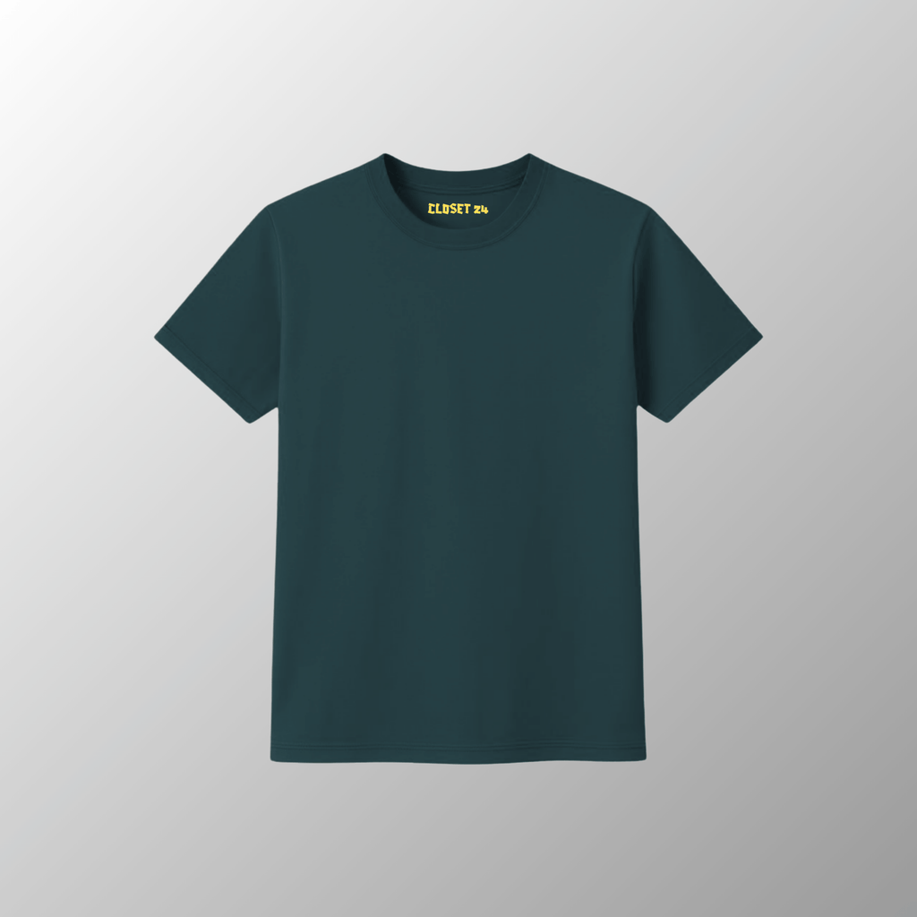 Premium teal blue t shirt for men featuring a yellow CLOSET 24 inner neck print.