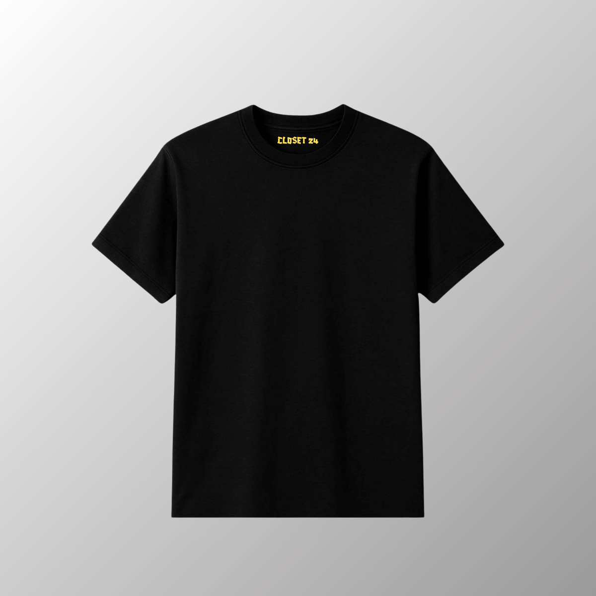 Premium black t shirt for men featuring a yellow CLOSET 24 inner neck print.