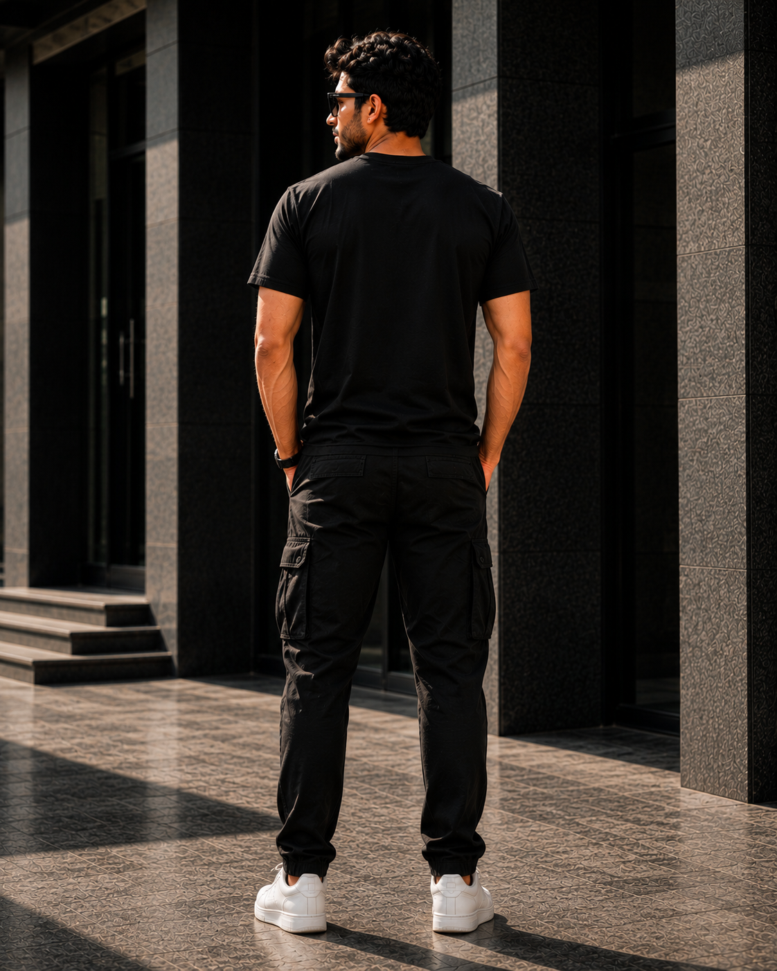 A man wearing a black short-sleeve t-shirt, black cargo pants, and white sneakers, standing with his back to the camera in front of a modern building with dark stone columns.